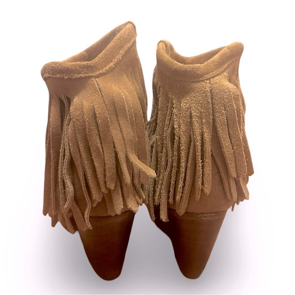 FRYE Ankle Boots Distressed Tan Suede Fringe Heeled Bootie Womens Size 8 B - Picture 5 of 9